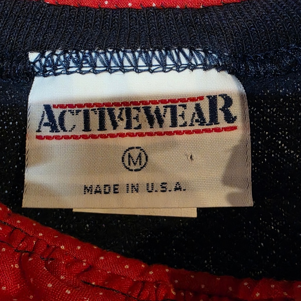 Vintage 80s Activewear Navy Blue Ruffle Collar Polka Dot Sweatshirt Women Medium - Picture 10 of 12